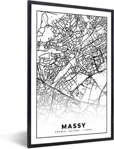 Fotolijst incl. Poster Zwart Wit- Kaart - Stadskaart - Massy - Frankrijk - Plattegrond - Zwart wit - 40x60 cm - Posterlijst