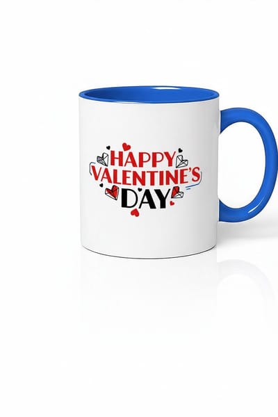 Happy Valentine's Day Mok met Blauwe Rand en Hartjes - Perfect Valentijnscadeau