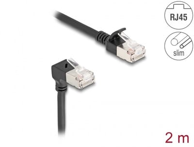 Delock RJ45 Network Cable Cat.6A S/FTP Slim 90° downwards angled / straight 2 m black