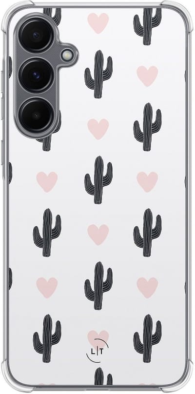 Shockproof hoesje - Geschikt voor Samsung Galaxy A15 - Cactus hartjes - Extra sterke case - TPU/polycarbonaat - Planten - Wit, Transparant