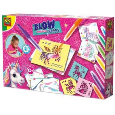 SES Creative - Unicorn - Blow Airbrush Pens - Knutselen Meisjes - 12 Kleurkaarten - Wasbaar uit Kleding - Vanaf 5 jaar