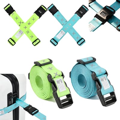 Verstelbare Bagagestraps Set van 4 met Combinatieslot en Adreslabel voor Veilige Reis, Opvallende Blauwe en Groene Kleuren