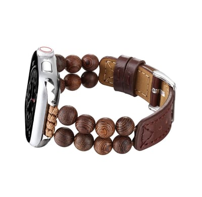 bandjes compatibel met Apple Watch-bandjes van 38 mm, 40 mm, 41 mm, 42 mm, 44 mm, 45 mm, 46 mm, 49 mm, voor dames en heren, echt leer, natuurlijke houten kralen, dunne polsband
