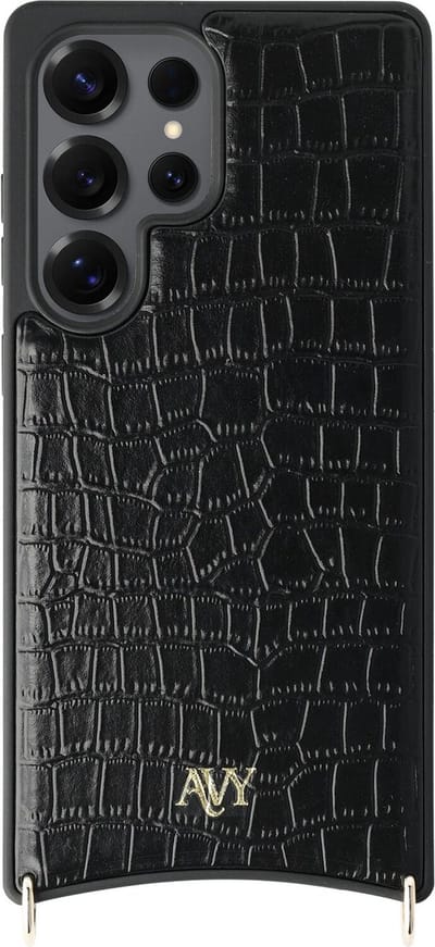 AVY Leren Hoesje geschikt voor Samsung Galaxy S25 Ultra | Compatibel met MagSafe | Leather Case | Back Cover | Haakjes voor koord | Croco Zwart