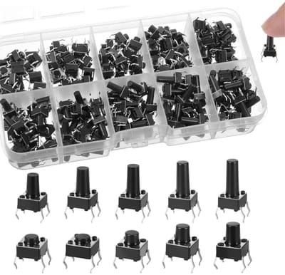 Aanraakknop schakelaarset - 200 tactiele schakelaars - 10 waarden, 4 pinnen, 6 x 6 mm - momentane tactiele schakelaars - assortimentsset momentane drukknopschakelaars - kleine drukknopschakelaar