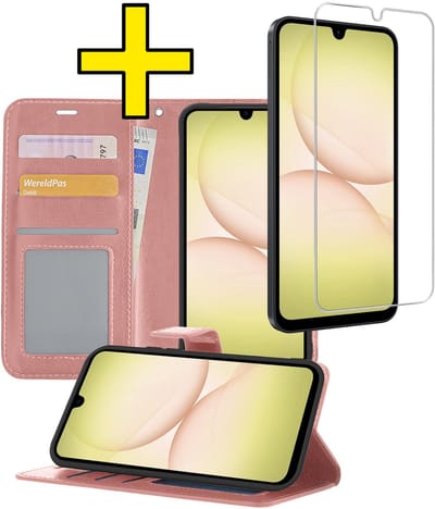 Hoesje - Met Screenprotector - Geschikt voor Samsung Galaxy A17 - Luxe Pasjeshouder - Bookcase Portemonee - Flip Case - Kunstleer Book Case - Flipcase - Book Cover - Walletcase - Portemonneehoes - Telefoonhoesjes - Rosé goud