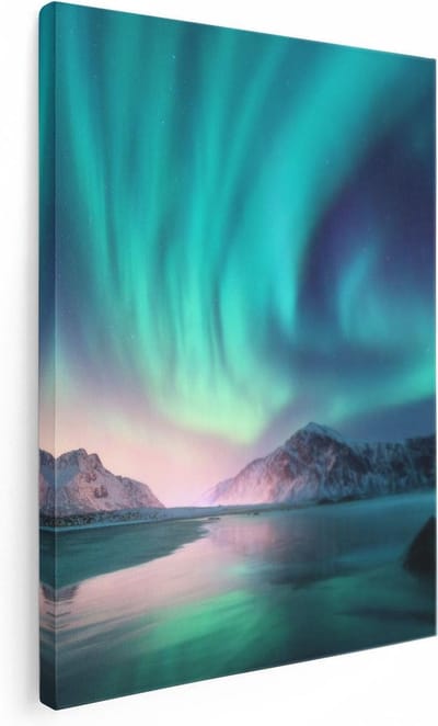 Artaza Canvas Schilderij Noorderlicht - 30x40 cm - Klein - Muurdecoratie Zeezicht - Wanddecoratie Bergen - Kamer Accessoires