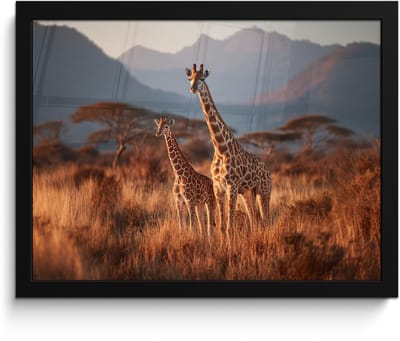 Poster in lijst - Fotolijst 40x30 cm - Posters - Giraffen - Hoog gras - Acaciabomen - Posterlijst zwart - Decoratie - Wanddecoratie woonkamer - Muurdecoratie slaapkamer