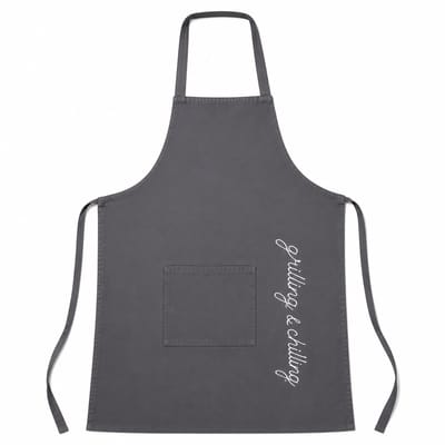 Grijs Keukenschort – 100% Katoen – 60 x 84 cm – 180 gsm – Geborduurde Tekst Grilling And Chilling – BBQ Schort met Voorvak