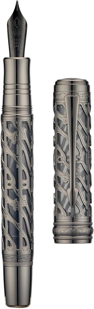 Fountain pen met fijne zachte nib, zwart holle skeleton design en luxe metalen etui set