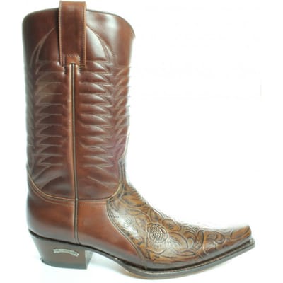 Sendra Boots 5907 Bruin Heren Cowboy Western Laarzen Handgemaakt Reliëf Bloemmotief Verkort Spitse Neus Iets Schuine Hak Rechte Schacht Pull Loops Echt Leer Maat 41