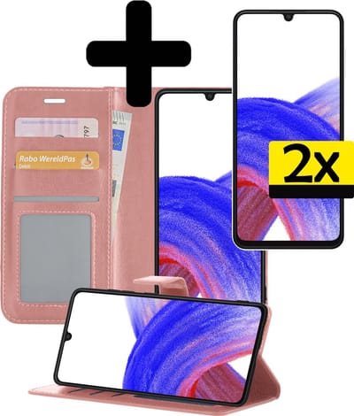 Hoesje - Met 2x Screenprotector - Geschikt voor Samsung Galaxy A33 - Luxe Pasjeshouder - Bookcase Portemonee - Flip Case - Kunstleer Book Case - Flipcase Hoes - Book Cover - Walletcase - Portemonneehoes - Telefoonhoesjes - Rosé goud