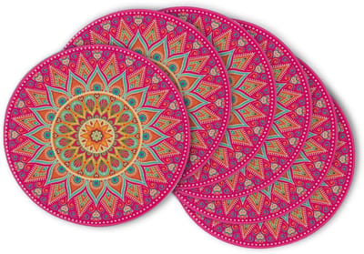 6 stuks - Placemats - Serviesgoed - Roze en gele mandala placematset - Lentethema - Geschikt voor feestjes, keukens en eetkamerdecoratie - 35 cm - Rond