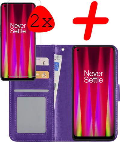 Hoesje Met 2x Screenprotector - Geschikt voor OnePlus Nord CE 2 - Luxe Pasjeshouder - Bookcase Portemonee - Flip Case - Kunstleer Book Case - Flipcase Hoes - Book Cover - Walletcase - Portemonneehoes - Paars