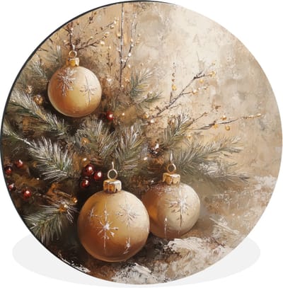 WallCircle - Wandcirkel - Muurcirkel - Kerst - Kerstballen - Beige - Goud - Aluminium - Dibond - 60x60 cm - Binnen en Buiten