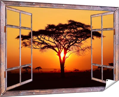 Gards Tuinposter Doorkijk Zonsondergang Achter een Savanne Boom - 180x120 cm - Tuindoek - Tuindecoratie - Wanddecoratie buiten - Tuinschilderij