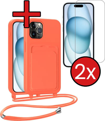 Hoesje Geschikt voor iPhone 14 Pro Max Hoesje Met Telefoonkoord en Pasjeshouder Met 2x Screenprotector Siliconen - Hoes Geschikt voor iPhone 14 Pro Max Hoesje Met Kaarthouder Case - Papaya