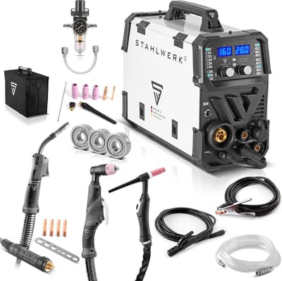 STAHLWERK combinatielasapparaat CTM-416 Puls Pro 6-in-1 inertgaslasapparaat | Omvormer met 160 A, pulsfunctie, synergische draadaanvoer en geïntegreerde 40 A plasmasnijder CUT | TIG | MIG MAG | PULS | MMA | FLUX