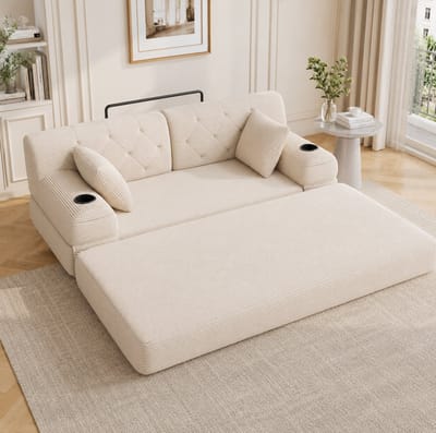 MIVRAY Slaapbank 168 x 80 x 81 cm - 2-Zits Met Slaapfunctie, Hoge Rugleuning, 2 Bekerhouders En 4 Zijvakken - Voor Woonkamer - Cord Beige