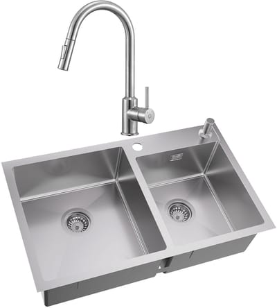 Auralum max Dubbele spoelbak voor keuken 75x45cm - Spoelbak Keuken Met Keukenkraan Met Uittrekbare Uitloop - Roestvrij staal - Wasbak met waterafvoersysteem - Met zeepdispenser 300ml