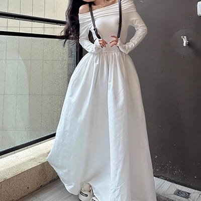 Witte Eénlengte Hals Lange Mouwen Jurk voor Dames Lente en Herfst Nieuw Off-shoulder Taille-knuffelend Afslankend A-lijn Lange Rok XL wit