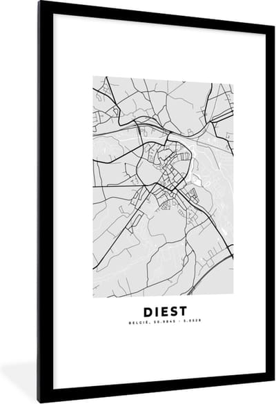 Fotolijst incl. Poster Zwart Wit- Plattegrond – Diest – Zwart Wit – Stadskaart - Kaart - 80x120 cm - Posterlijst