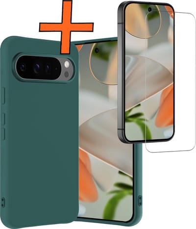 Hoes - Met Screenprotector - Geschikt voor Google Pixel 9 Pro - Sterk & Shockproof - Back Cover - Siliconen Case - Telefoon Hoes - Donkergroen
