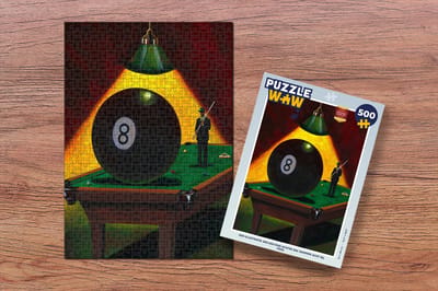 Puzzel Een illustratie van een man achter bal nummer acht bij pool - Legpuzzel - Puzzel 500 stukjes