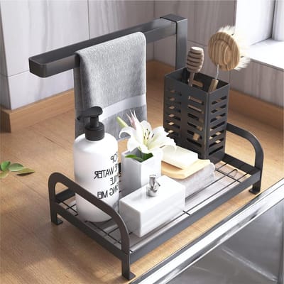 Caddy Organizer | Gootsteen Sponshouder en Theedoekenhouder | Zwart | Voor Keuken en Badkamer vaatdoekhouder