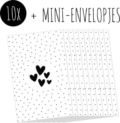 10x Minikaartjes + Mini-envelopjes | HARTJES EN STIPJES | kleine kaartjes met kraft enveloppen | wit & zwart
