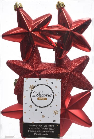 Decoris kersthanger sterren - 6x st - rood - 7 cm - kunststof - kerstornamenten - kerstversiering