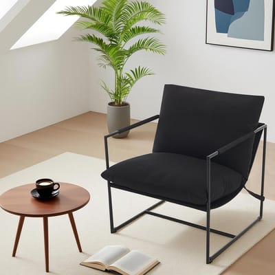 Moderne Sling Fauteuil - Comfortabele Lounge Stoel met Schuimvlokken Kussen - Relaxfauteuil voor Woonkamer, Slaapkamer en Kantoor - Metalen Frame - Zwart