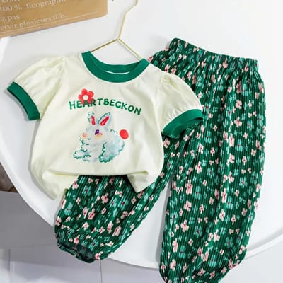 Ensembles de mode pour enfants Filles Été Nouveau Enfants Uni Décontracté Dentelle Tenue de Sport Shorts Hauts à Manches Courtes+Shorts Ensembles 2 Pièces Costume Fille Enfant 2T vert