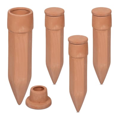 waterdruppelaar keramiek, set van 4, met dop, kamerplanten, balkon, voor fles, watergeefsysteem, terracotta
