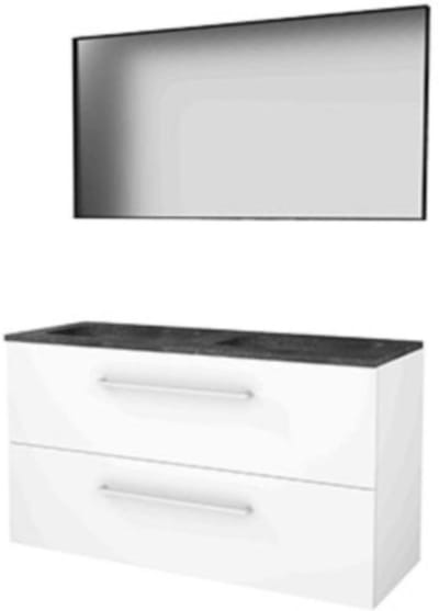Basic-Line Framed 46 Badkamermeubelset - 120 x 46 cm - Met Grepen - 2 Lades - Hardstenen Wastafel - 2 Kraangaten - Spiegel met Zwart Aluminium Frame - Ice White