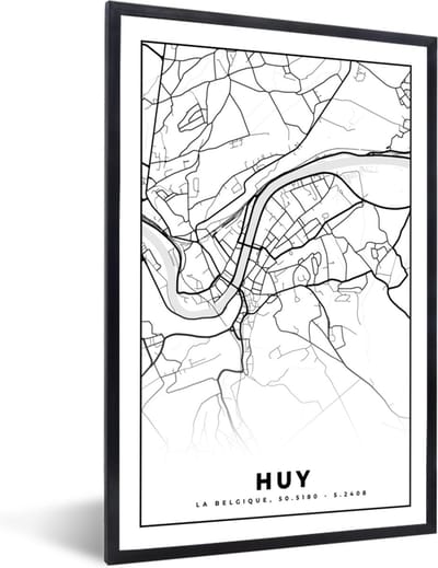 Fotolijst incl. Poster Zwart Wit- Stadskaart – Plattegrond – België – Zwart Wit – Huy – Kaart - 40x60 cm - Posterlijst
