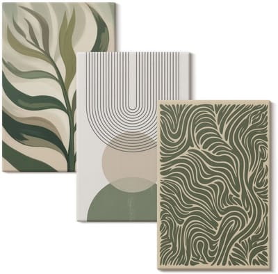 Wallfluent Set van canvas schilderijen - Bladeren en geometrische vormen abstract Canvas Schilderijen Set - set 3 stuks 20x30 cm - Groente Set van Canvas Prints - Abstractie Canvas Kunst Set - Boheemse Canvas Kunst Set