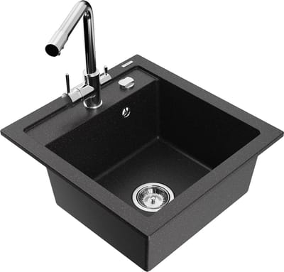 Mexen Vito granieten gootsteen met 1 bak, met Duero keukenmengkraan, zwart/zilver metallic - 6503-73-671600-00