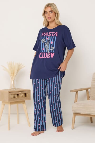 Yours Marineblauwe Pasta Club Wijde Gestreepte Pyjama Set Size 42-44