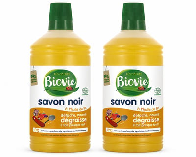 Biovie Vloeibare Zwarte Zeep met Lijnzaadolie 1 Liter - Set van 2 Flessen (2 L Totaal) - Ecocert Gecertificeerde Savon Noir - Multifunctionele Ecologische Reiniger - Made in France