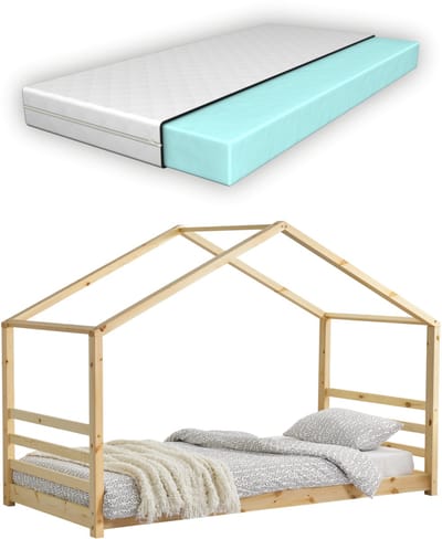 Kinderbed grenen huisbed incl. matras 90x200 cm hout