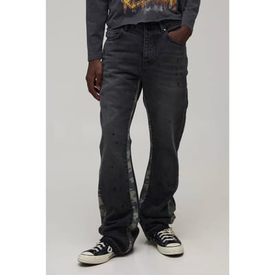 Gewassen Camo Gusset Gestapelde Wijduitlopende Jeans | Washed Black | Size 34R