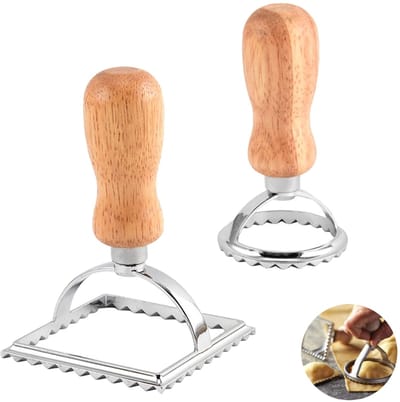 2-delige set – koekjesvormen met houten handvatten – bakgereedschap – vierkant en rond, geschikt voor het maken van wontons, pasta, koekjes, enz