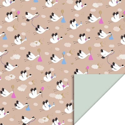 1 Rol Baby Bird Beige - Pistache 70 CM x 3 Meter - Dubbelzijdig inpak papier - Geschenkverpakking - Cadeaupapier - Ooievaar - geboorte - Geboortemand - Jongen - Meisje - Cadeau verpakking