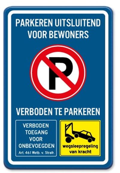 Bord Parkeren uitsluitend voor bewoners - blauw - Weerbestendig Aluminium - 40x60 cm - Bevestiging: Zonder bevestiging (alleen het bord)