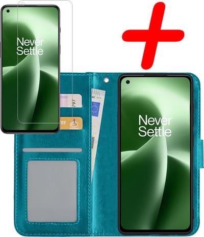 Hoesje Met Screenprotector - Geschikt voor OnePlus Nord 2T - Luxe Pasjeshouder - Bookcase Portemonee - Flip Case - Kunstleer Book Case - Flipcase - Book Cover - Walletcase - Portemonneehoes - Turquoise