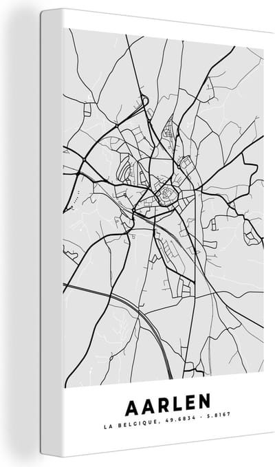 Canvas Schilderij Zwart Wit – België – Plattegrond – Stadskaart – Kaart – Aarlen - 20x30 cm - Wanddecoratie