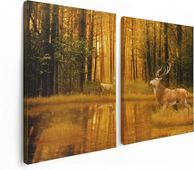 Artaza Canvas Schilderij Tweeluik Twee Herten In Het Bos Bij Het Water - 120x80 - Foto Op Canvas - Canvas Print