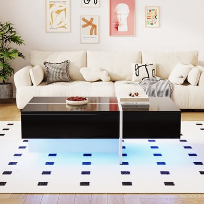 MODFU Zwarte en Witte Hoogglans Salontafel met LED Verlichting, 100x50x34,5 cm, App-bestuurd, Moderne Woonkamermeubel