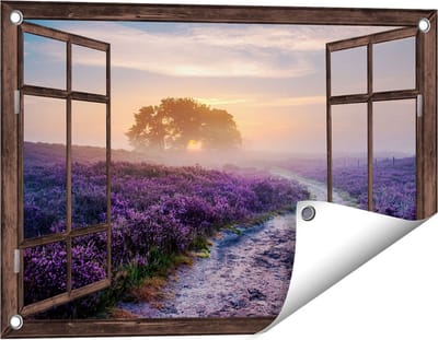 Gards Tuinposter Doorkijk Pad in de Weide van de Veluwe - 60x40 cm - Tuindoek - Tuindecoratie - Wanddecoratie buiten - Tuinschilderij